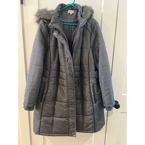 Avenue Gray Quilted Winter Puffer Coat Faux Fur Hood Teal Trim Plus Size